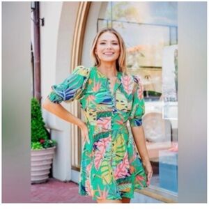 KARLIE Tropical Green Floral MINI  Dress PUFF Sleeves size M